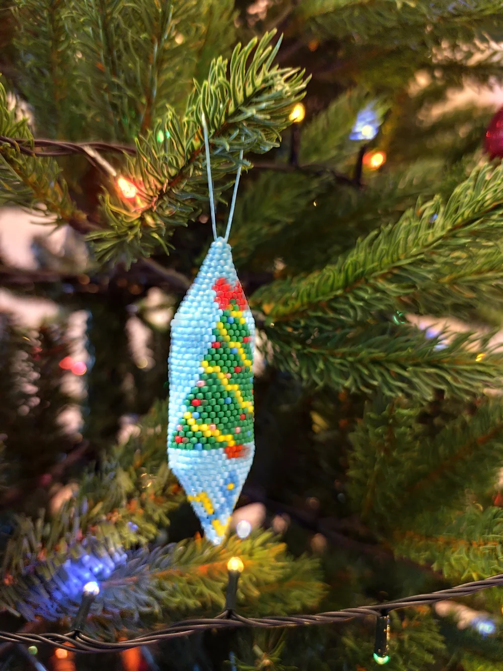 Blue Beaded Holiday Tree Ornament with Green Christmas Tree Design